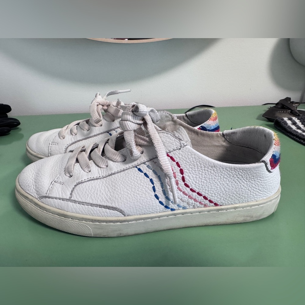 Soludos White Leather Sneakers with Rainbow Accents, size 7.5 - Picture 2 of 5